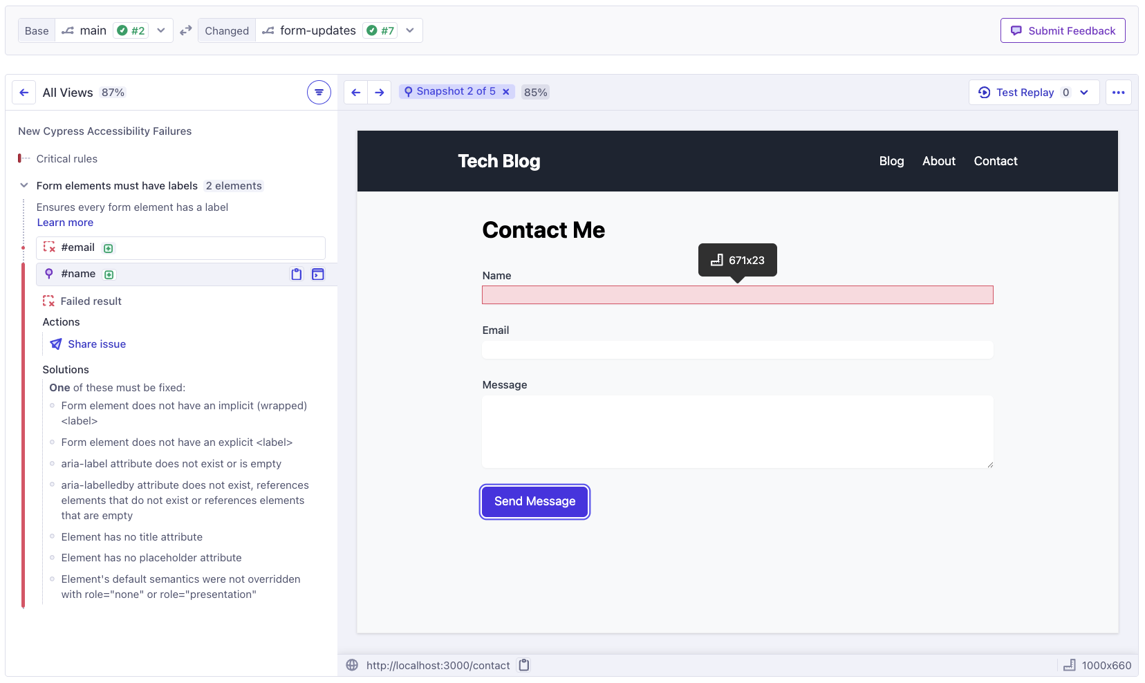 Cypress Accessibility Branch Review showing the detailed diff for a demo contact form. A 'name' field in the contact form is highlighted in red because it is missing a label.