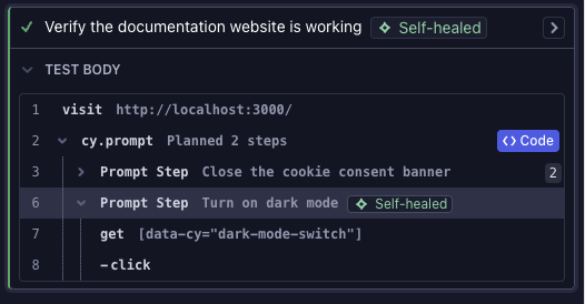 Console logs for a self-healed cy.prompt step