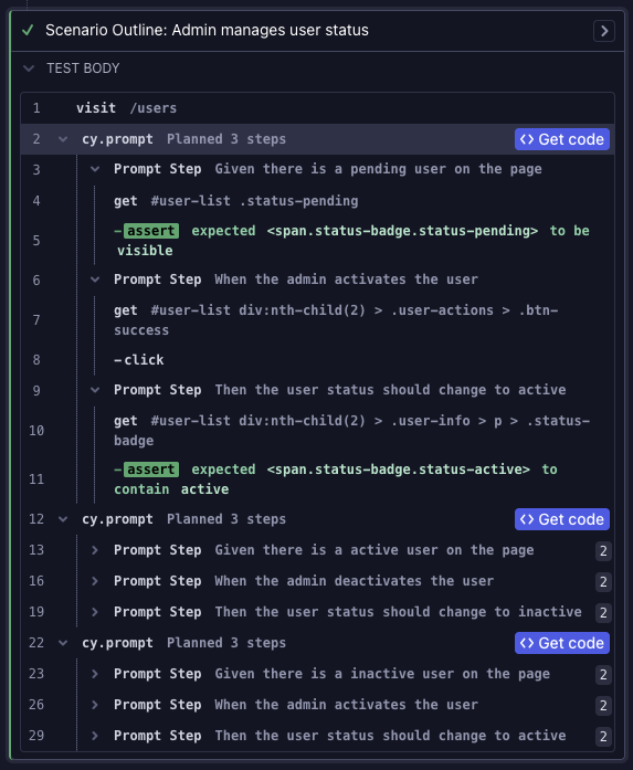 Command log for Gherkin example 3